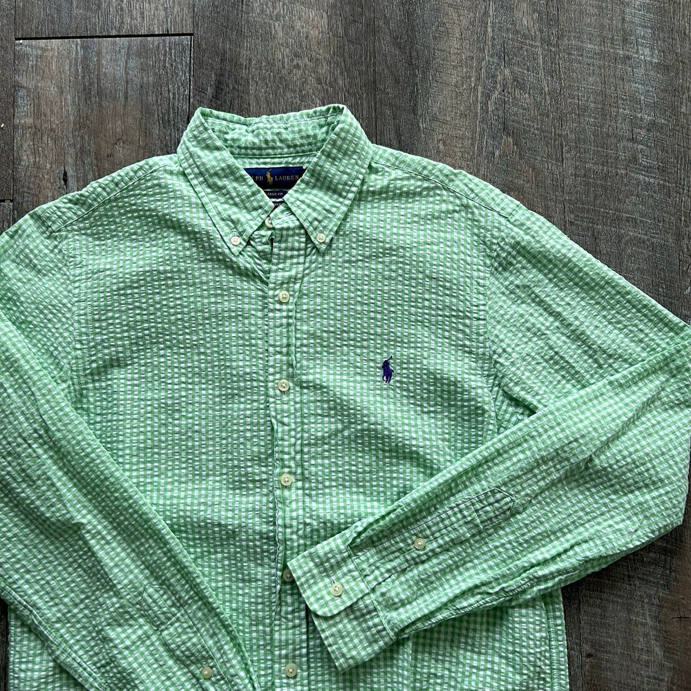 Ralph Lauren Mens Medium Classic Fit Green Gingham Seersucker Button Down Shirt